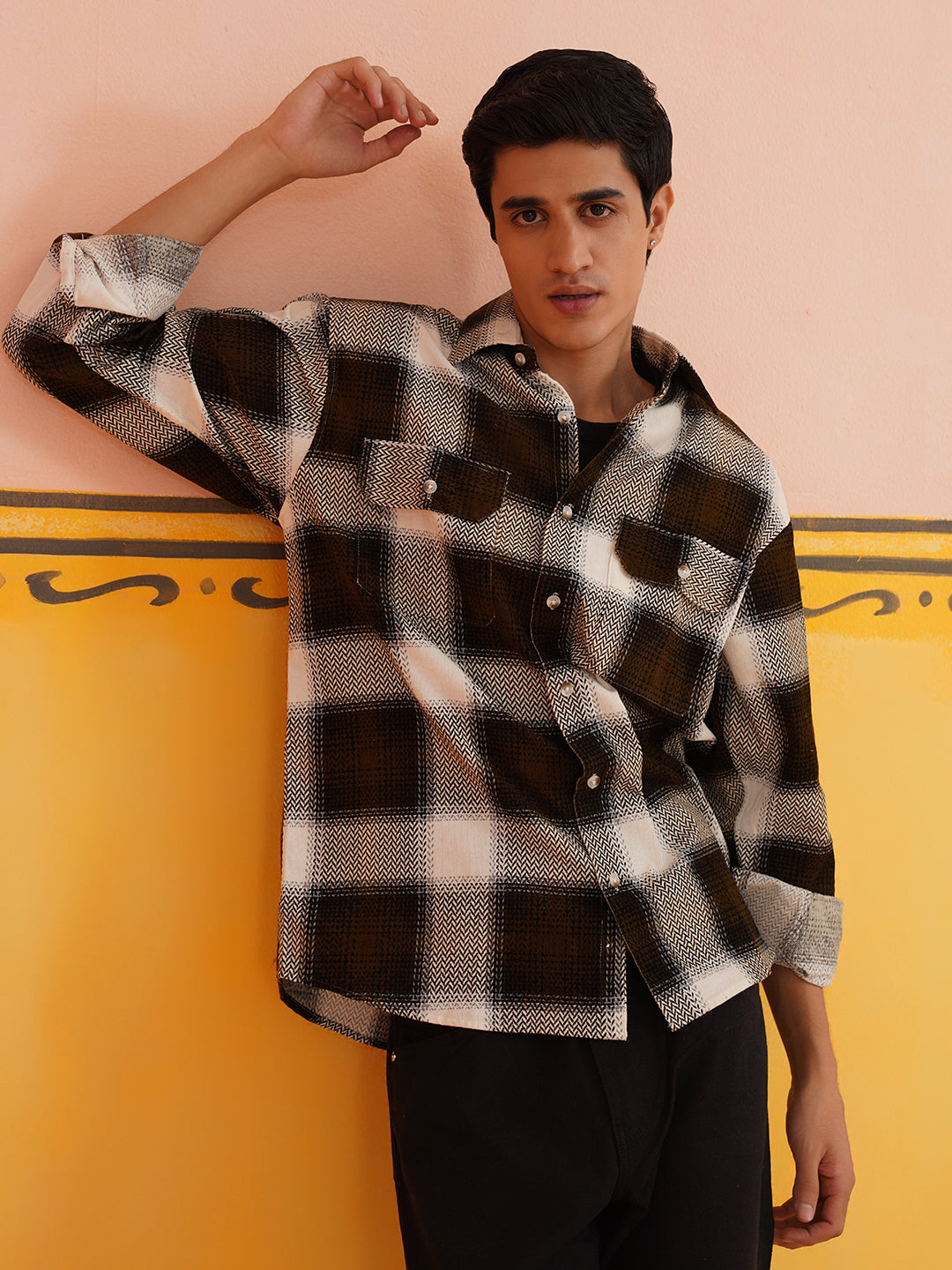 Coffee Checked Spread Collar Shirt for Men | Indian Needle