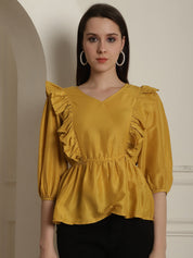 Black Solid Women's Top With Frills