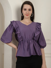 Purple Solid Women's Top With Frills