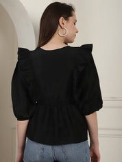 Black Solid Women's Top With Frills