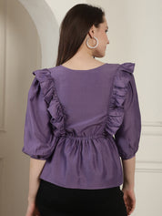 Purple Solid Women's Top With Frills