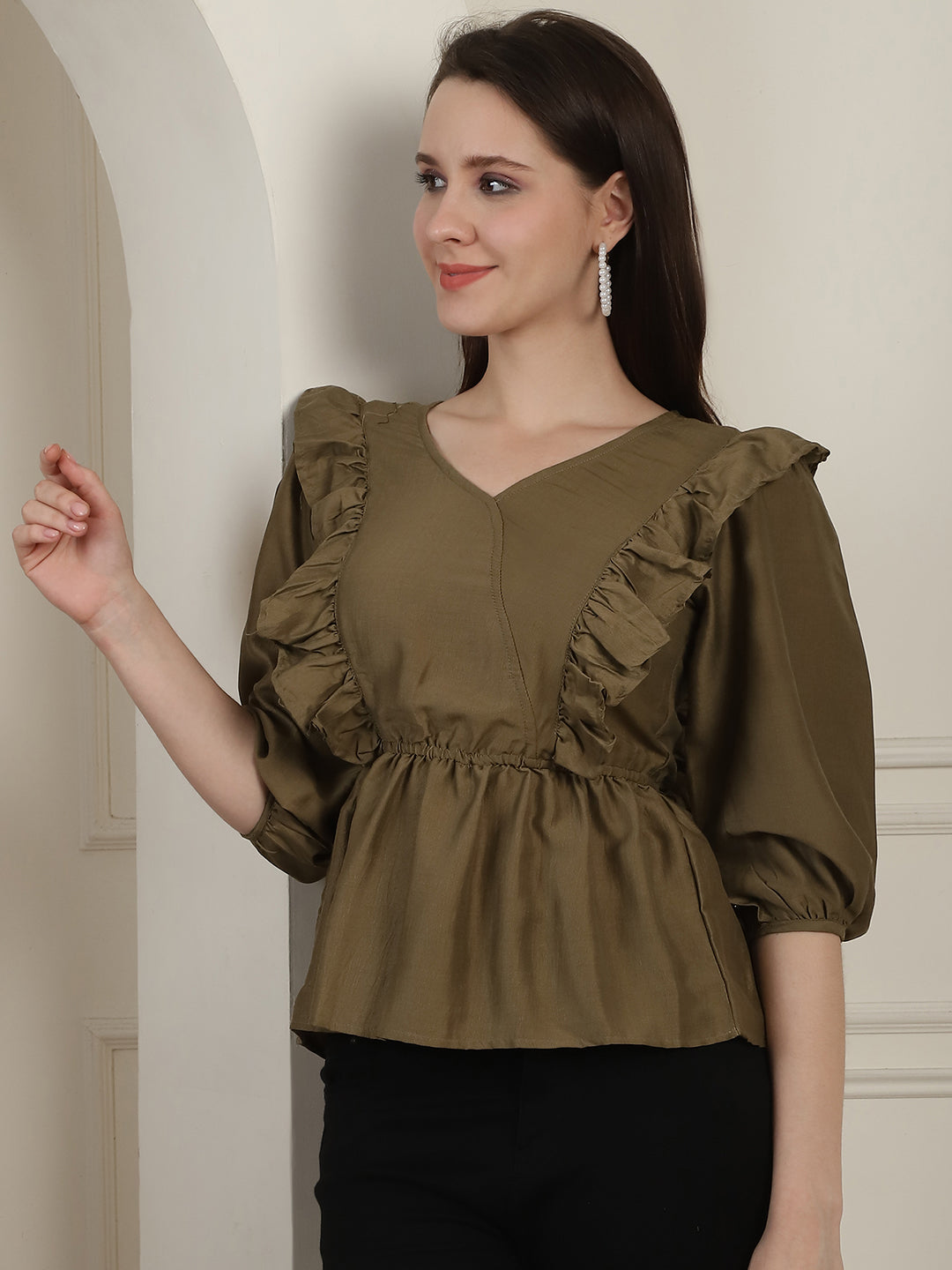 Brown Solid Women's Top With Frills