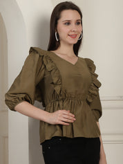 Brown Solid Women's Top With Frills