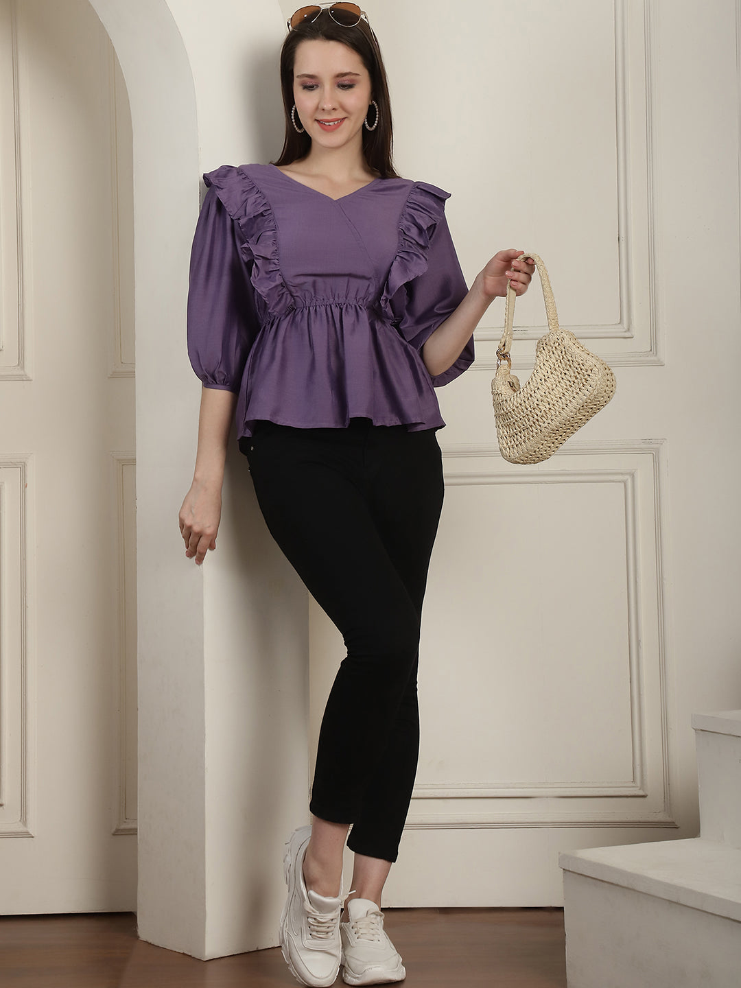 Purple Solid Women's Top With Frills