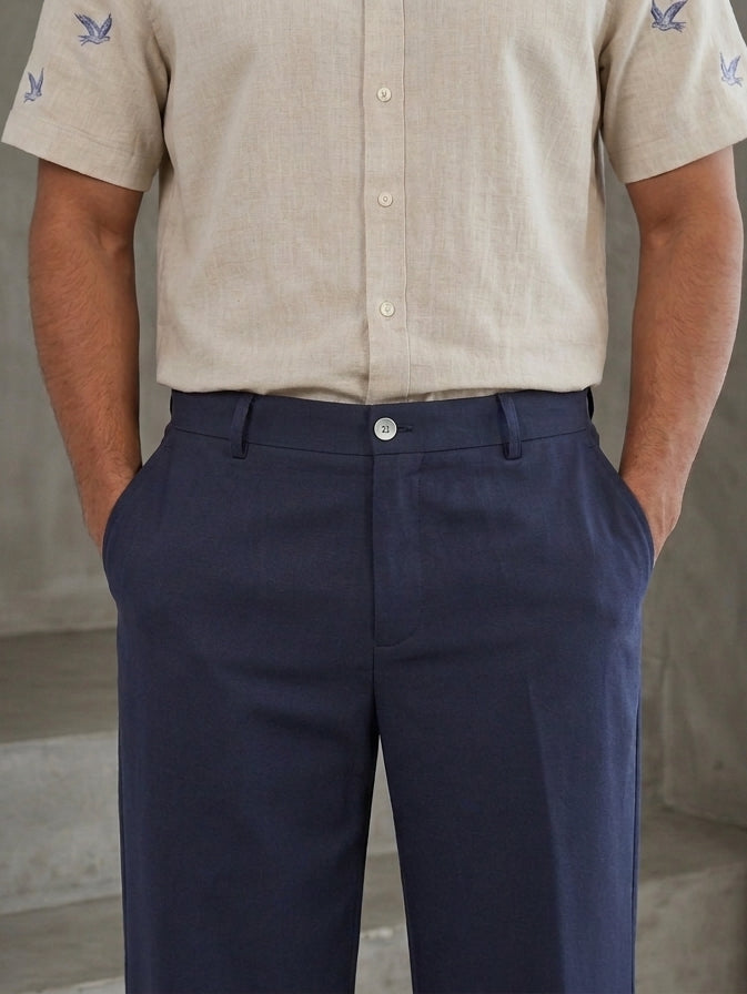Cotton Blend Solid Relaxed-Fit Trouser