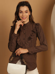 Coffee Brown Woven Design Frill Top