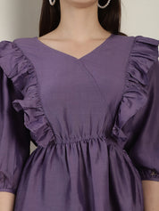 Purple Solid Women's Top With Frills