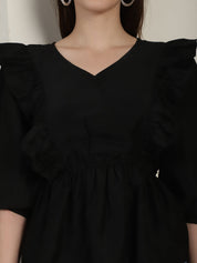 Black Solid Women's Top With Frills