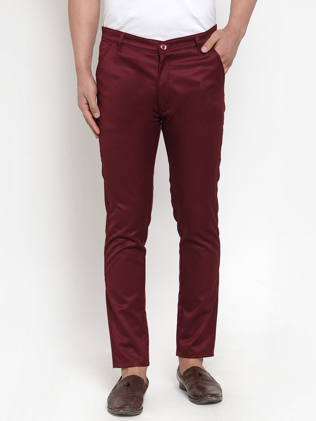 Indian Needle Men's Maroon Solid Formal Trousers