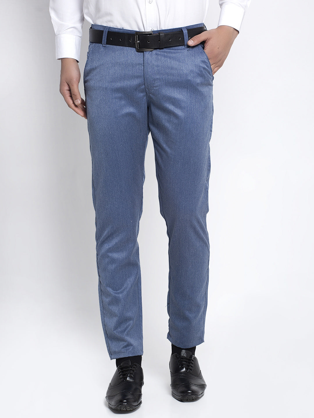 Indian Needle Men's Blue Cotton Solid Formal Trousers