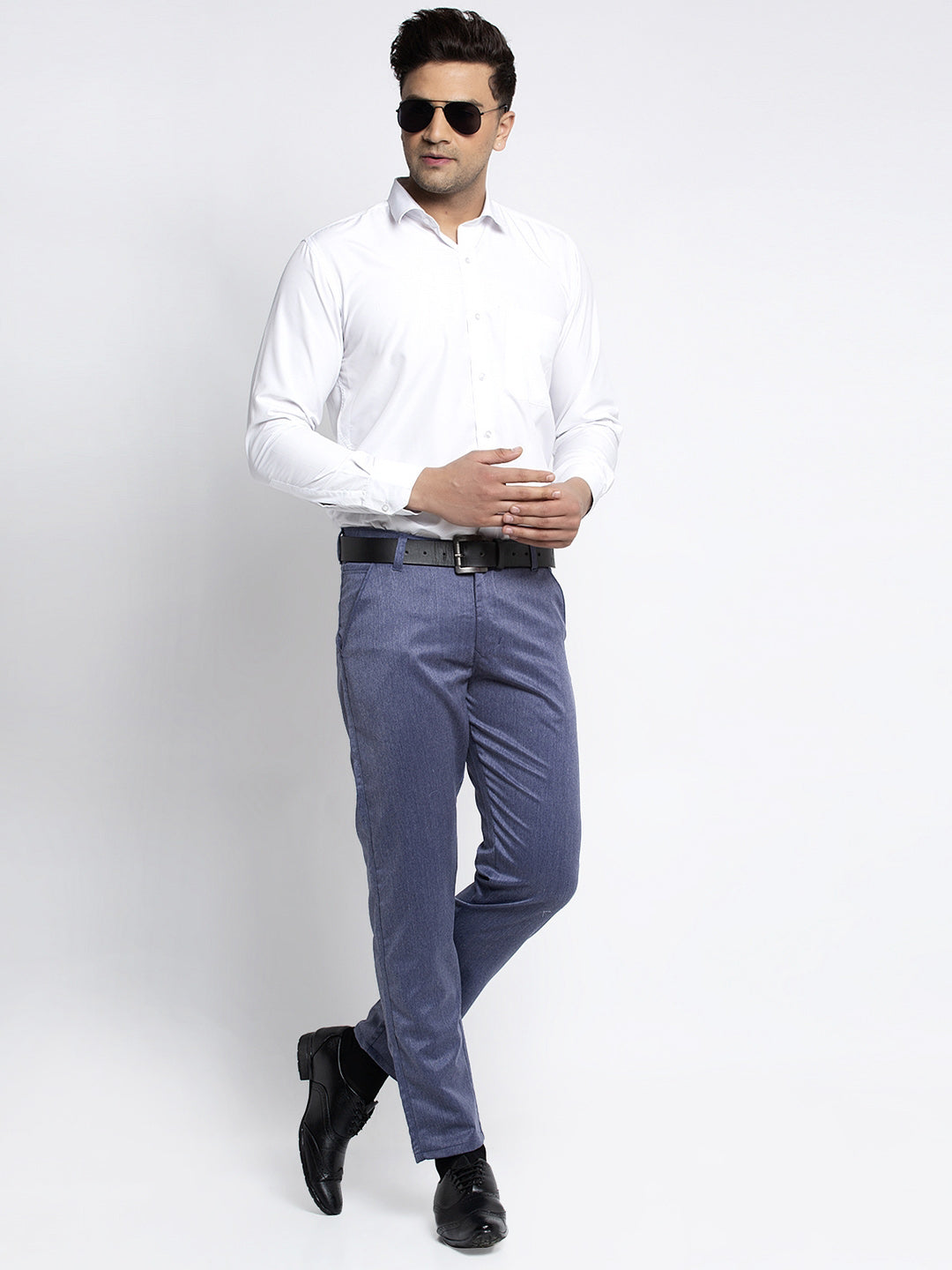 Indian Needle Men's Blue Cotton Solid Formal Trousers