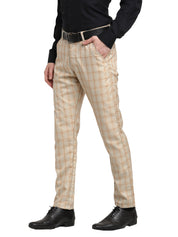 Indian Needle Men's Cream Cotton Checked Formal Trousers