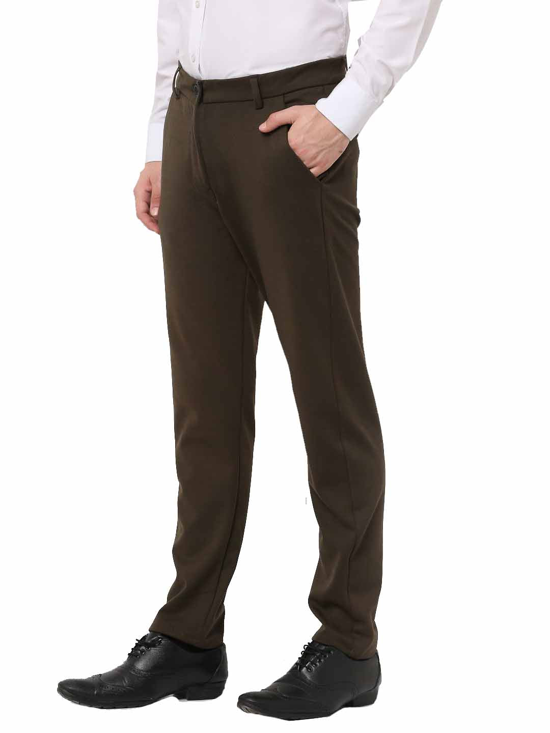 Indian Needle Men's Olive 4-Way Lycra Tapered Fit Trousers