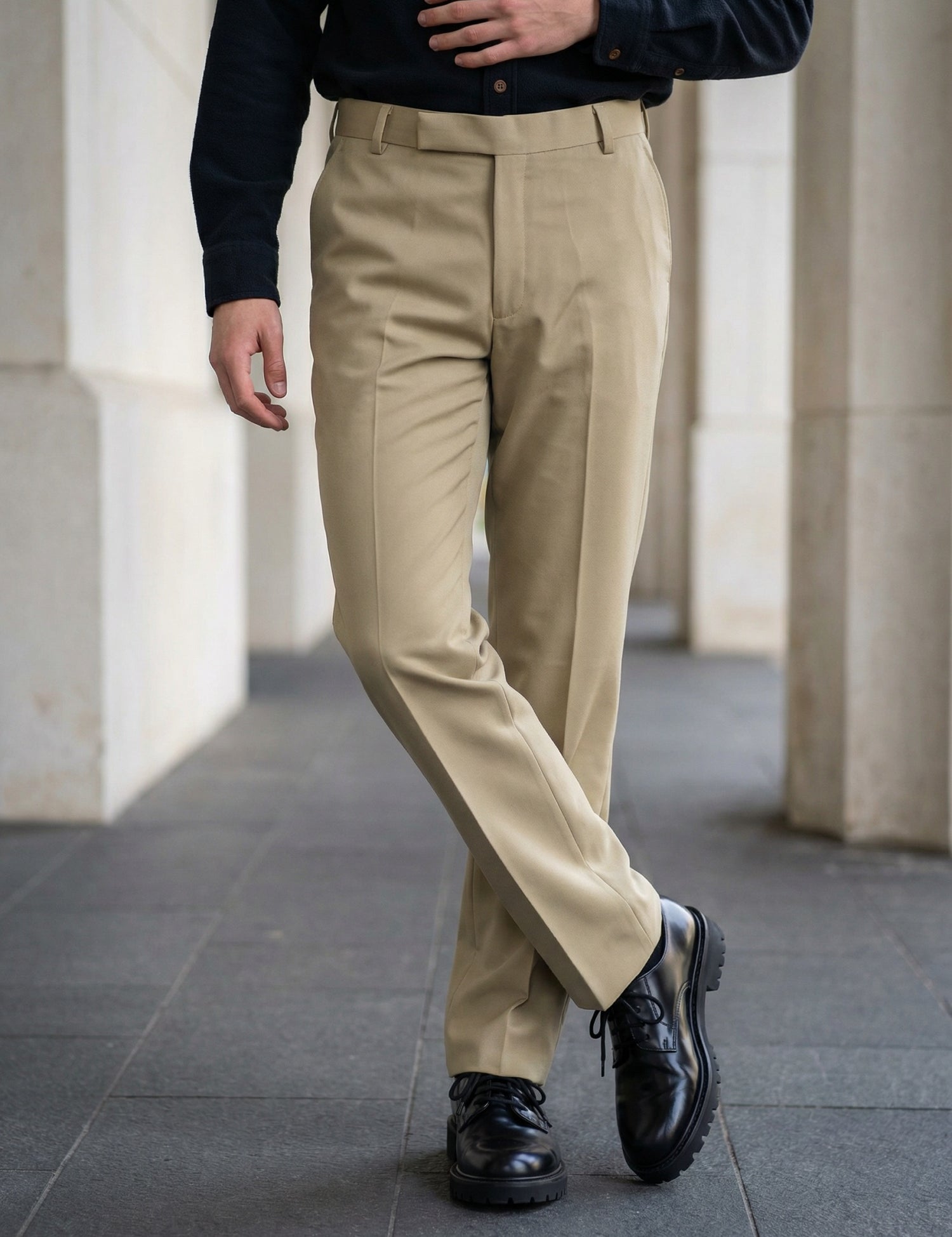 Indian Needle Solid Cotton Formal Trouser for Men's in Beige - Front View