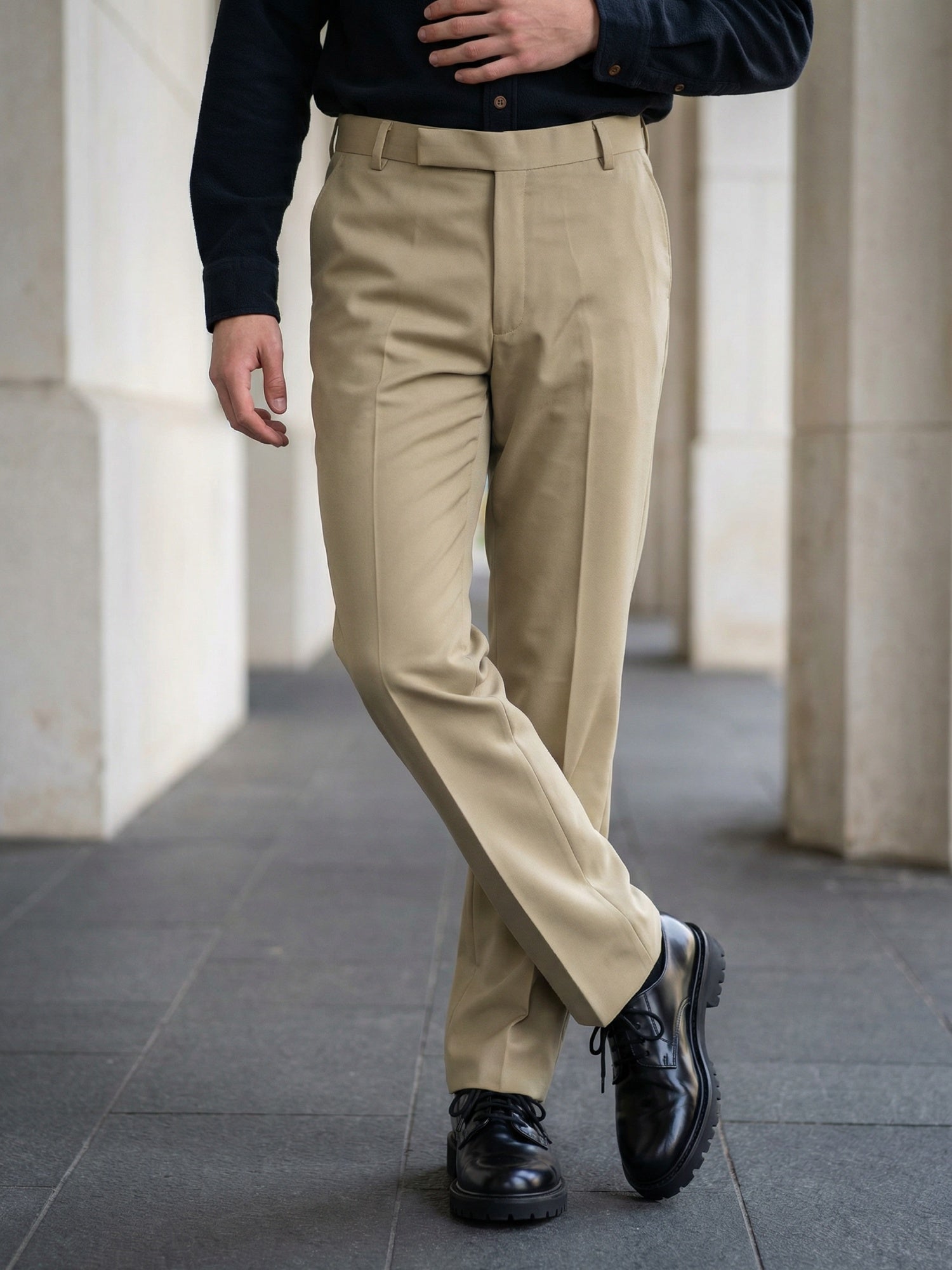 Indian Needle Solid Cotton Formal Trouser for Men's in Beige - Front View