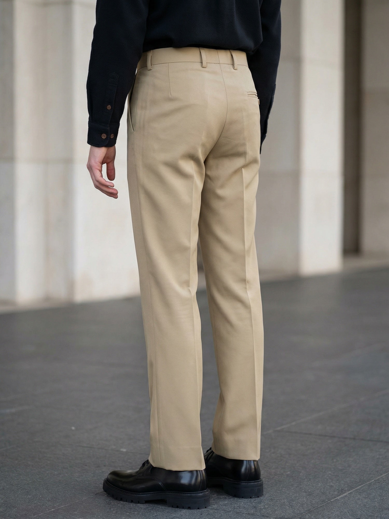 Indian Needle Solid Cotton Formal Trouser for Men's in Beige - Back View