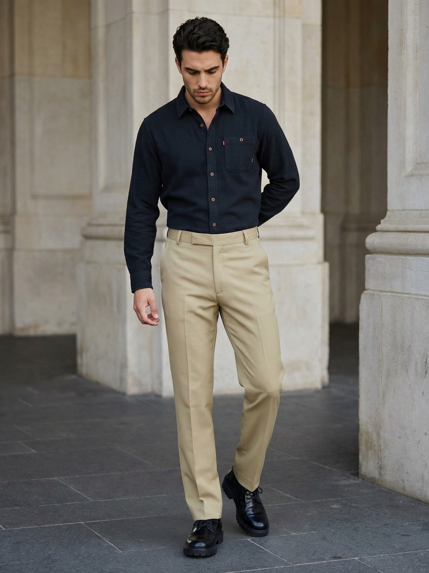 Indian Needle Solid Cotton Formal Trouser for Men's in Beige - Detail View