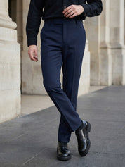 Indian Needle Solid Cotton Formal Trouser for Men's in Navy Blue - Front View