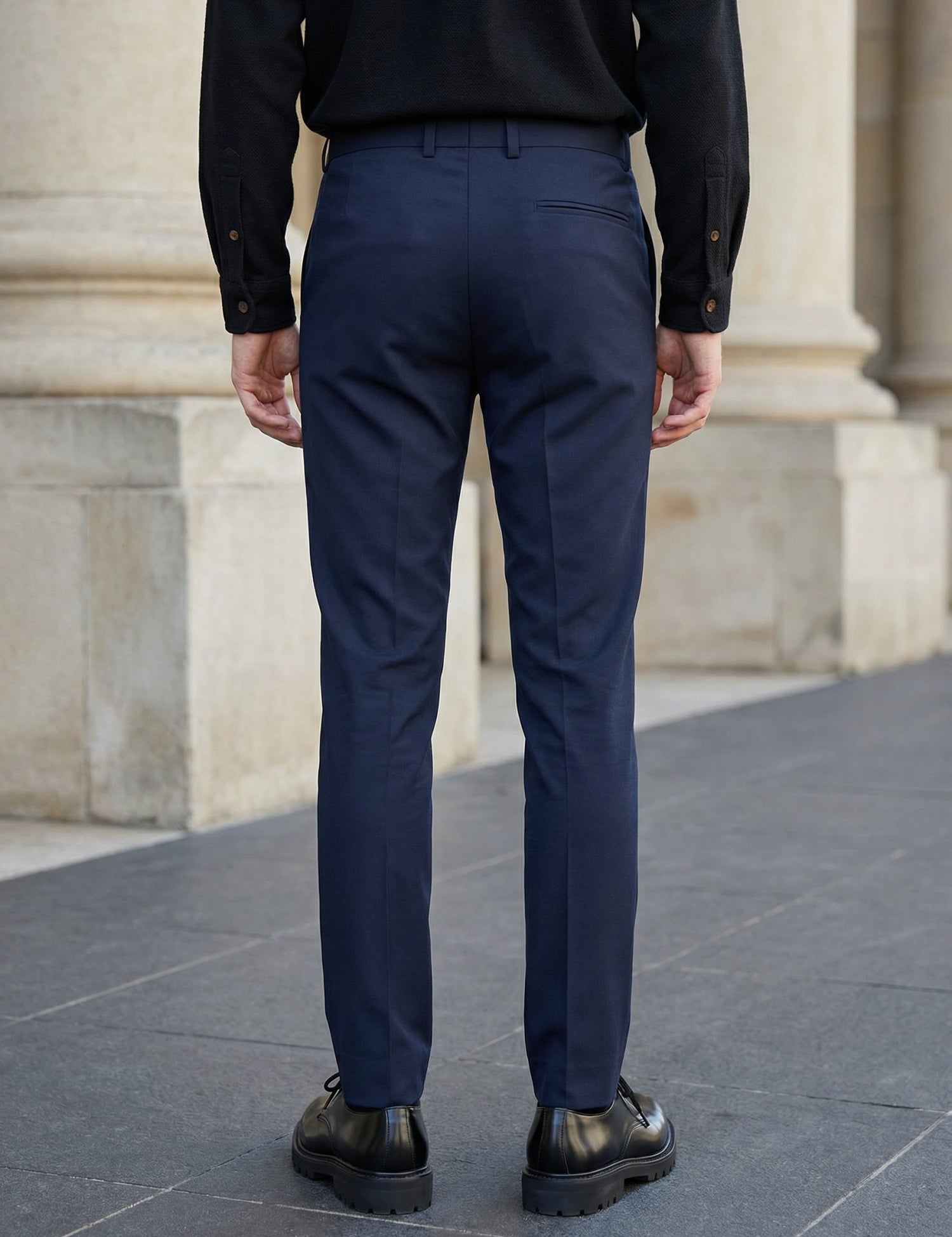 Indian Needle Solid Cotton Formal Trouser for Men's in Navy Blue - Side View