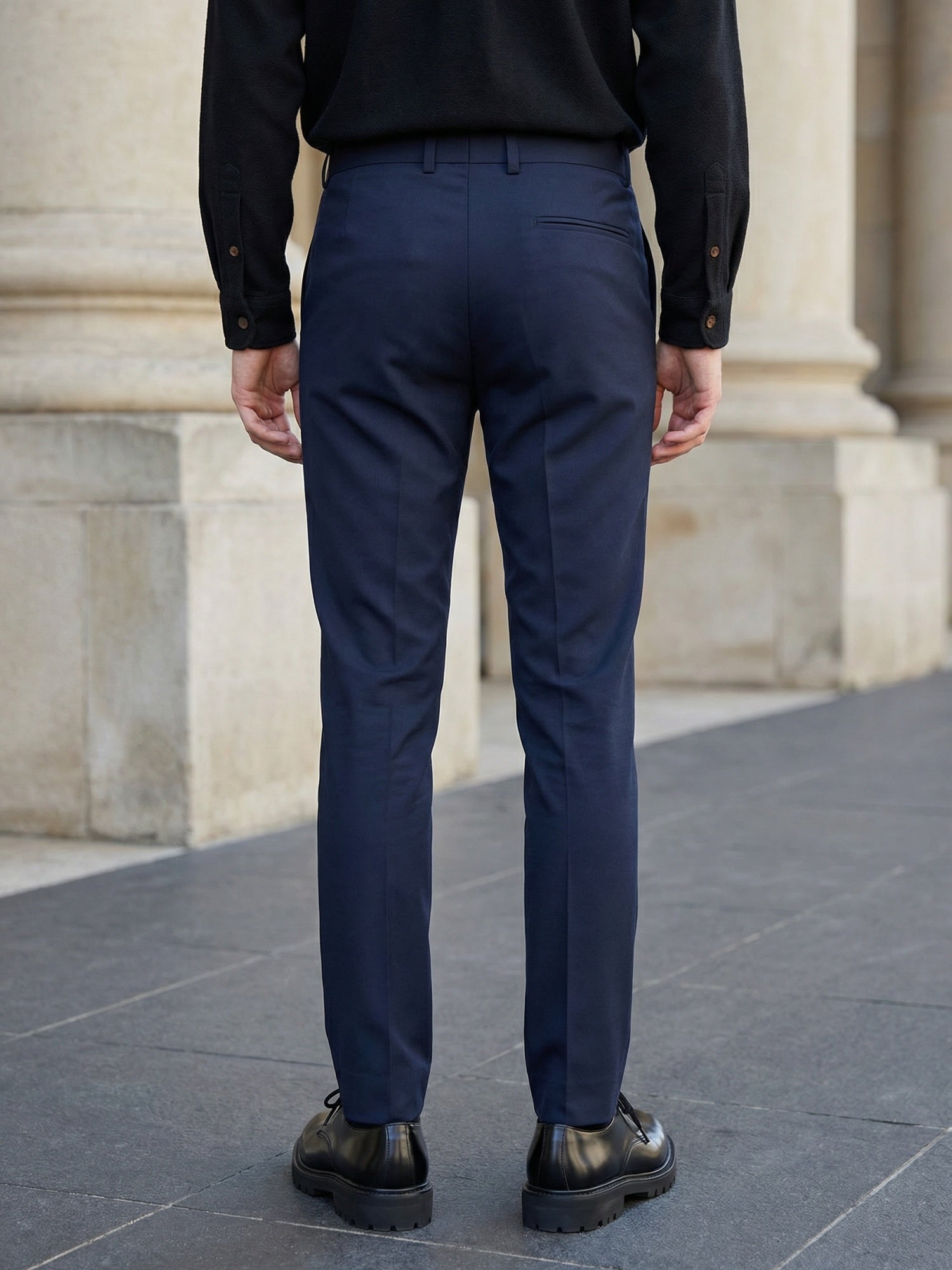 Indian Needle Solid Cotton Formal Trouser for Men's in Navy Blue - Side View