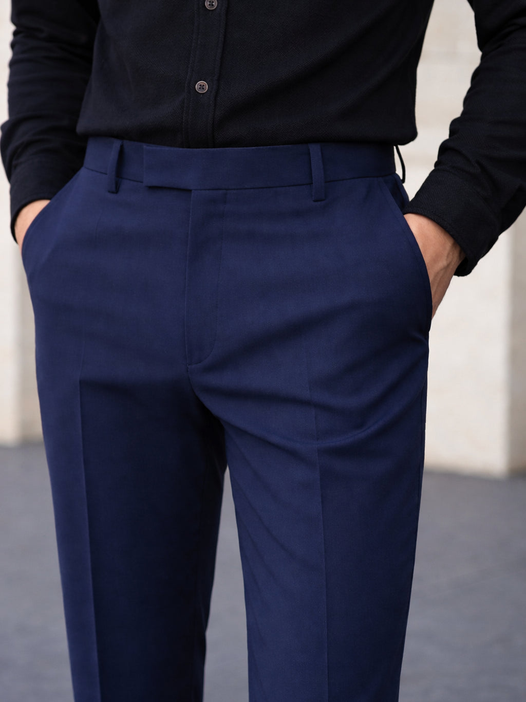 Indian Needle Solid Cotton Formal Trouser for Men's in Navy Blue - Close-up View
