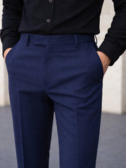 Indian Needle Solid Cotton Formal Trouser for Men's in Navy Blue - Close-up View
