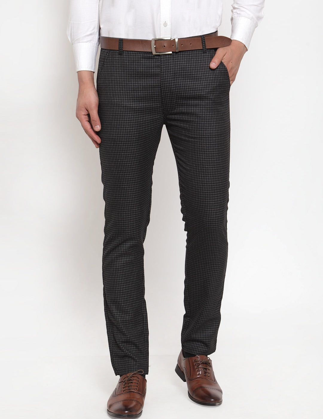 Indian Needle Men's Black Checked Formal Trousers1