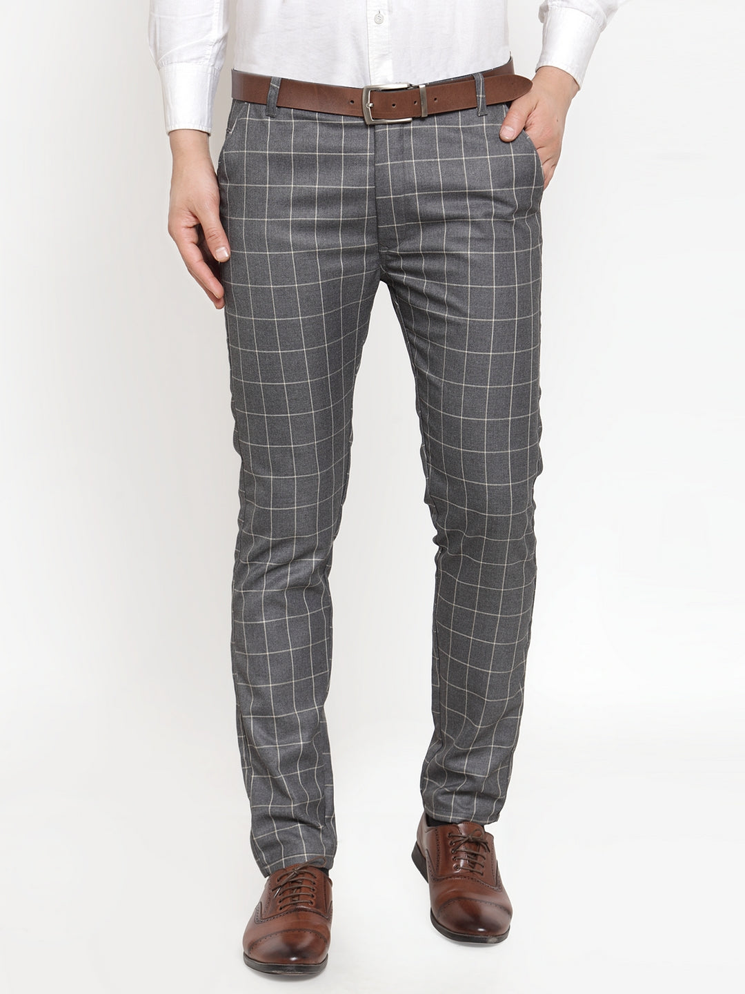 Indian Needle Men's Grey Checked Formal Trousers