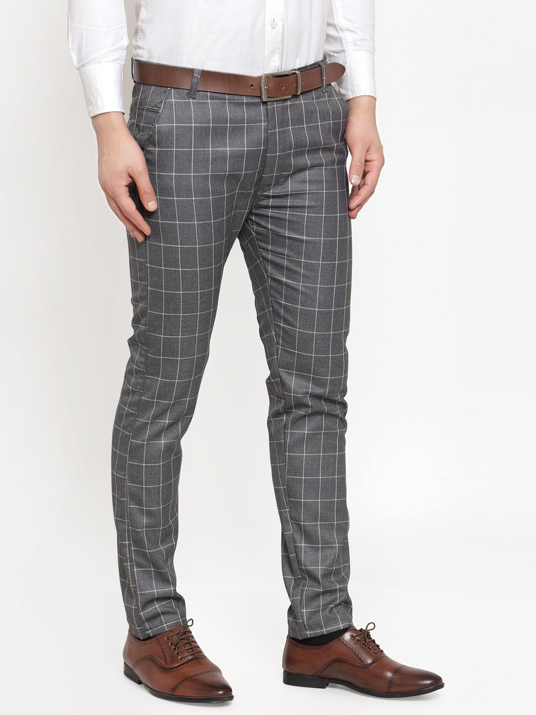 Indian Needle Men's Grey Checked Formal Trousers