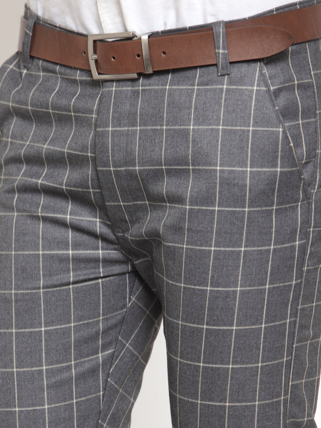 Indian Needle Men's Grey Checked Formal Trousers