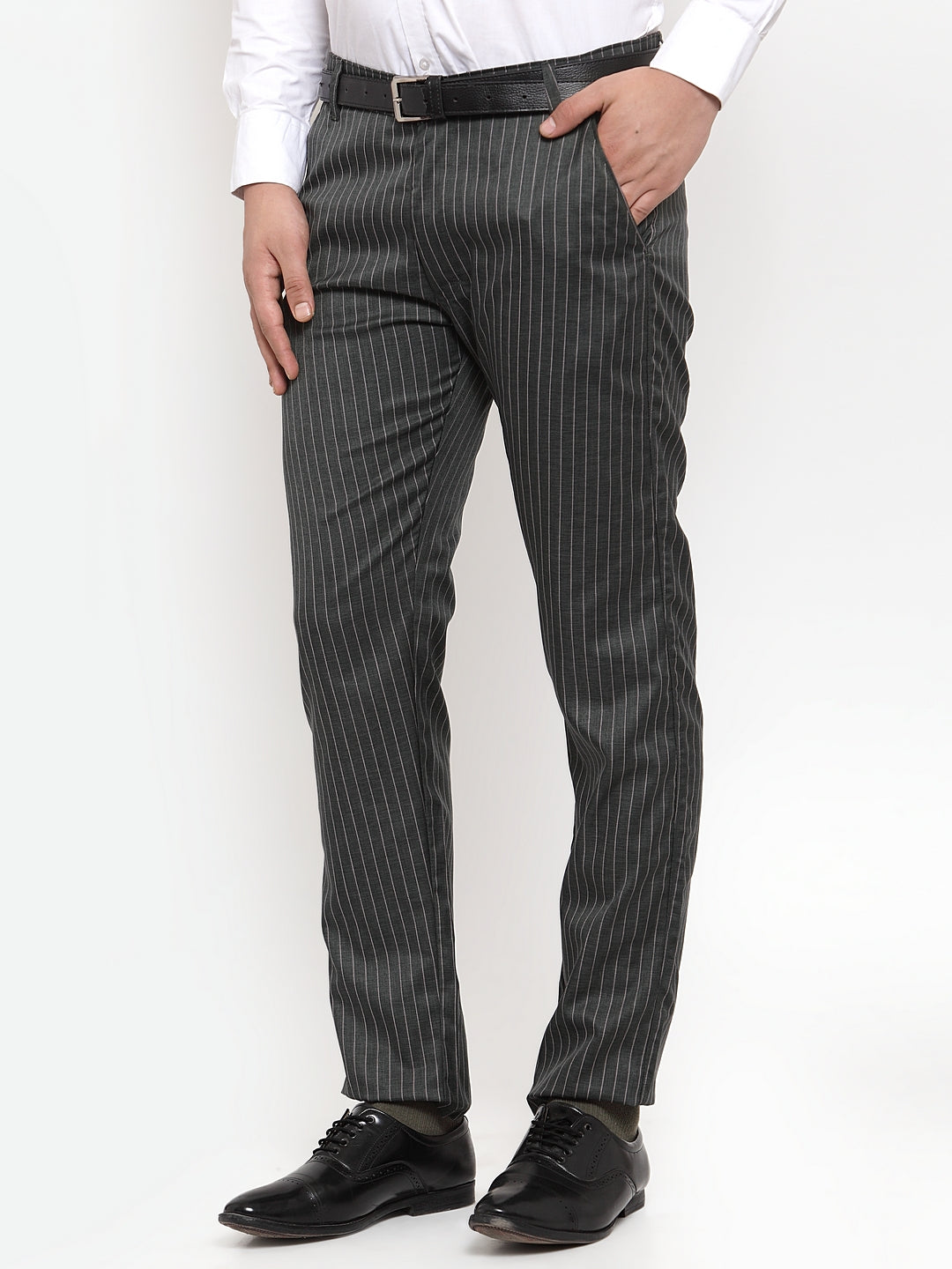 Indian Needle Men's Green Cotton Striped Formal Trousers