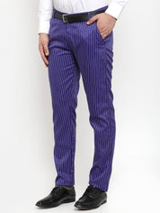 Indian Needle Men's Blue Cotton Striped Formal Trousers