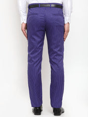 Indian Needle Men's Blue Cotton Striped Formal Trousers