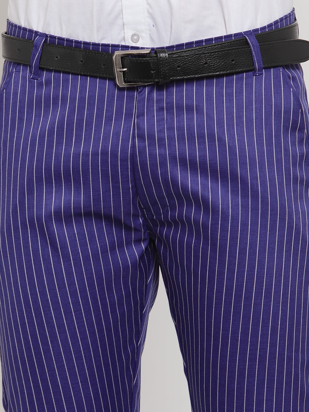 Indian Needle Men's Blue Cotton Striped Formal Trousers