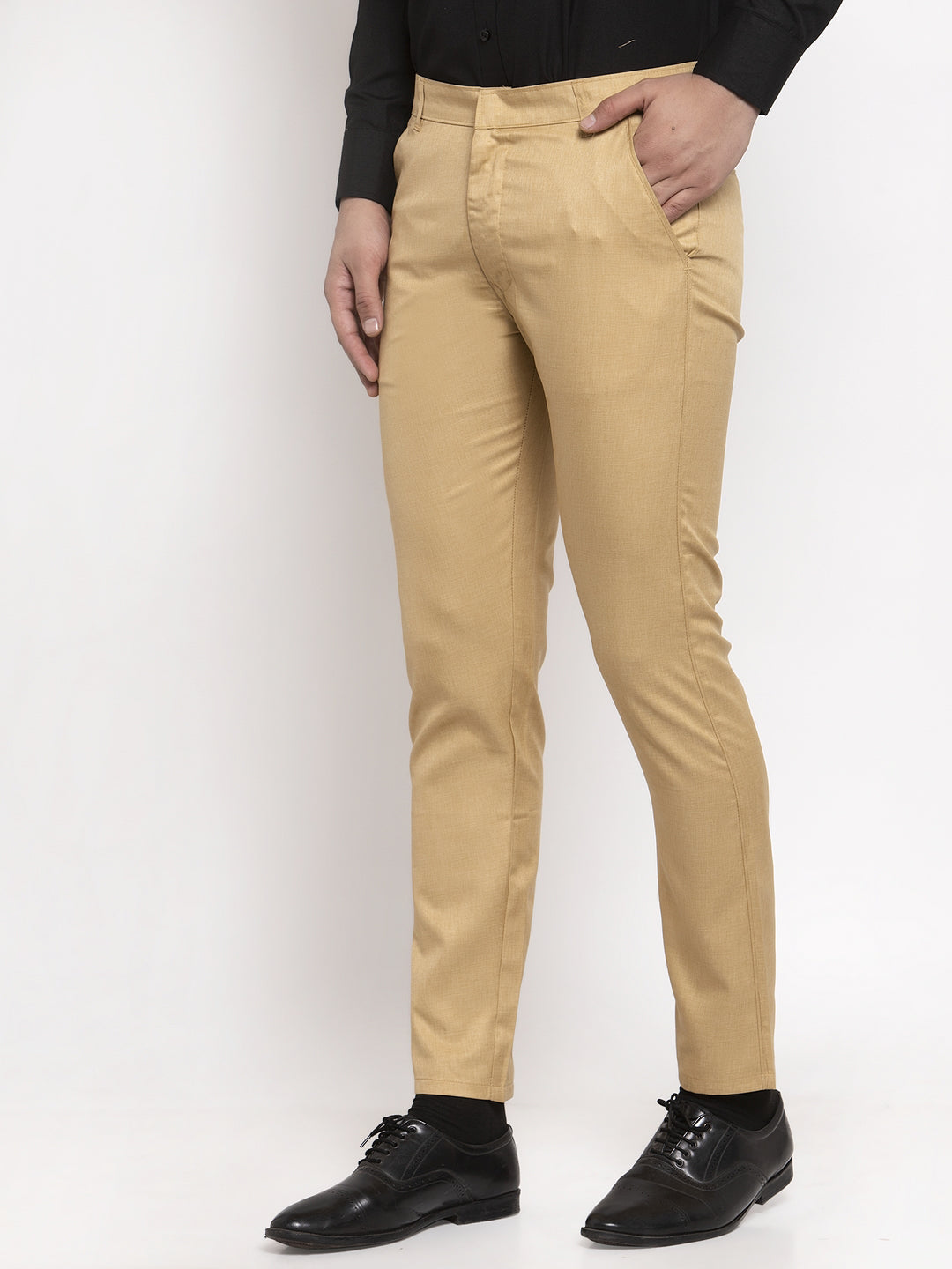 Indian Needle Men's Beige Cotton Solid Formal Trousers