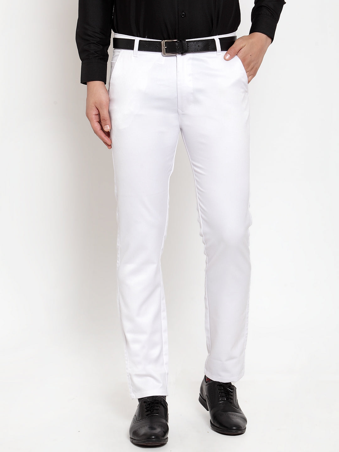 Indian Needle Men's White Tapered Fit Formal Trousers