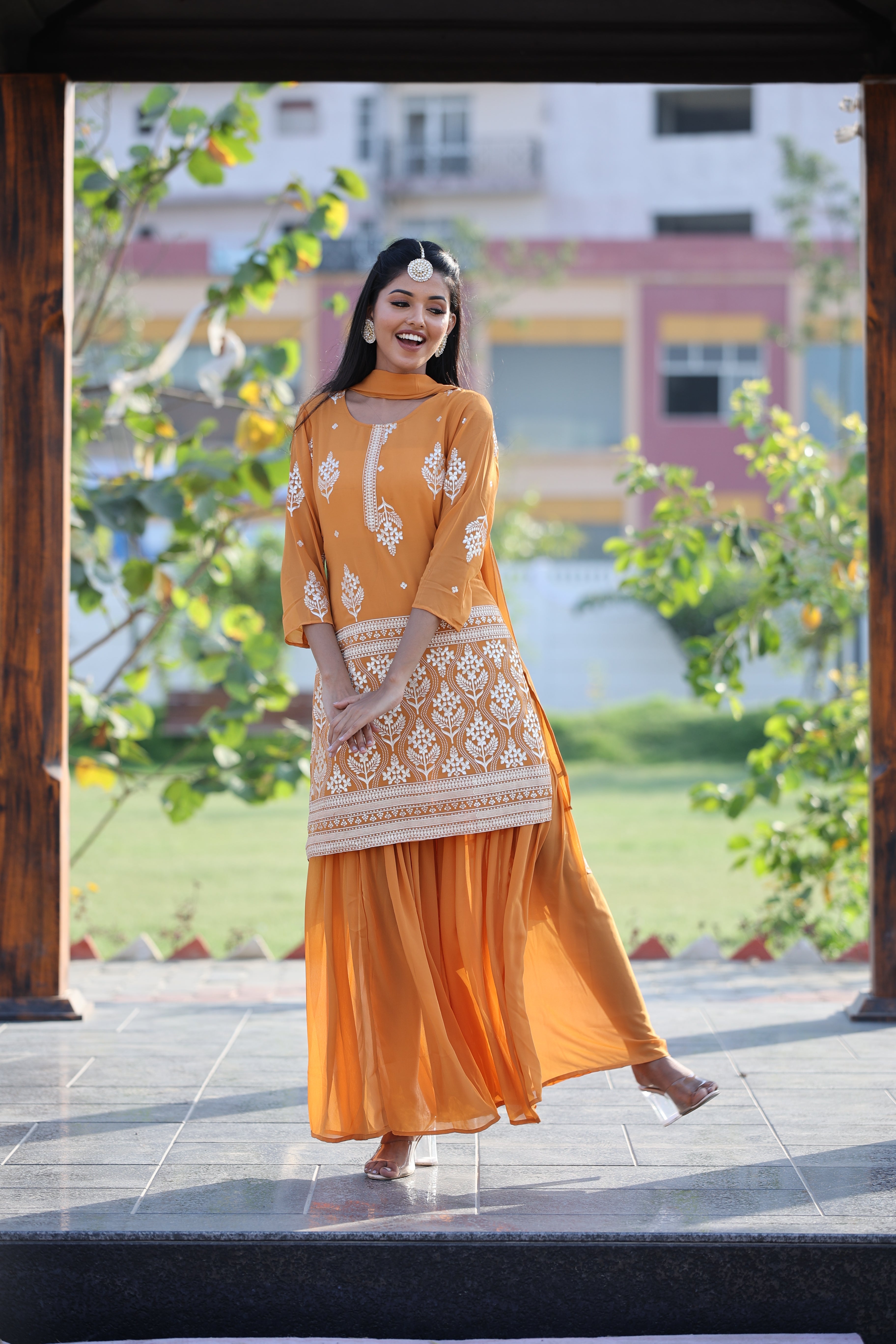 Women Orange & Silver Ethnic Motifs Foil Printed Straight Kurta Sharara Dupatta