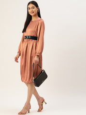 Women Peach-Coloured Satin Dress with Belt