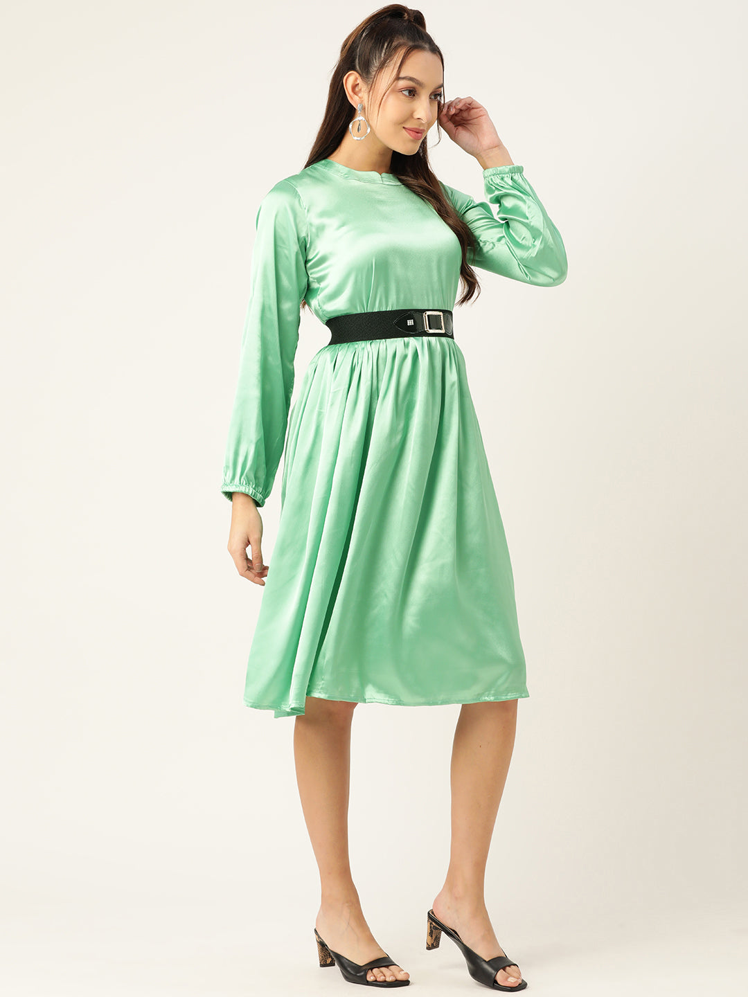 Women Green-Coloured Satin Dress with Belt