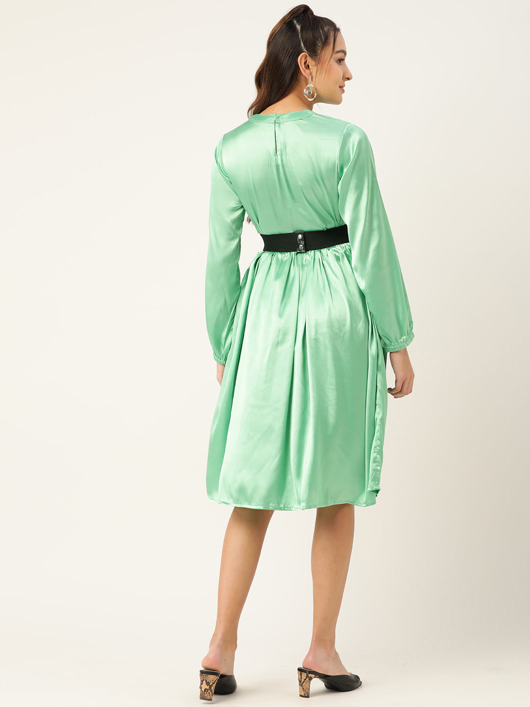 Women Green-Coloured Satin Dress with Belt