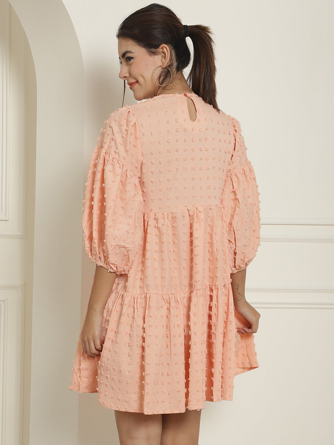 Women Georgette Puff Sleeves Tiered Dress