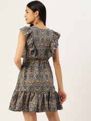 Women Navy Blue & Cream-Coloured Floral Crepe A-Line Dress