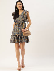 Women Navy Blue & Cream-Coloured Floral Crepe A-Line Dress