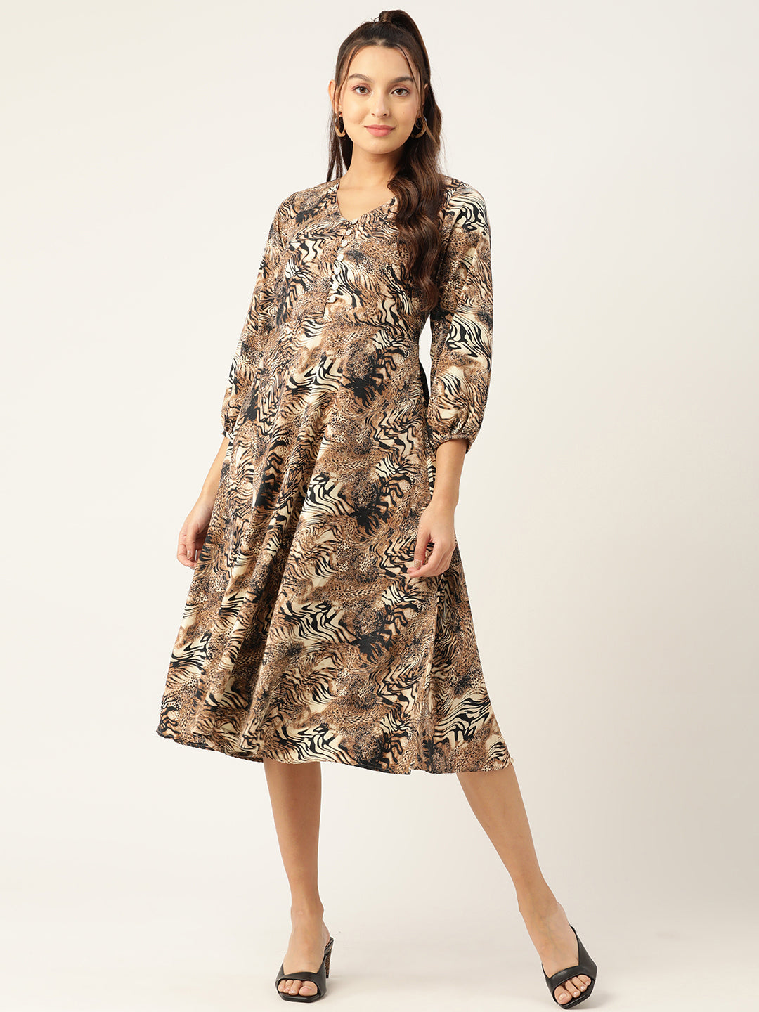 Women Animal Print Puff Sleeves Crepe Midi Dress