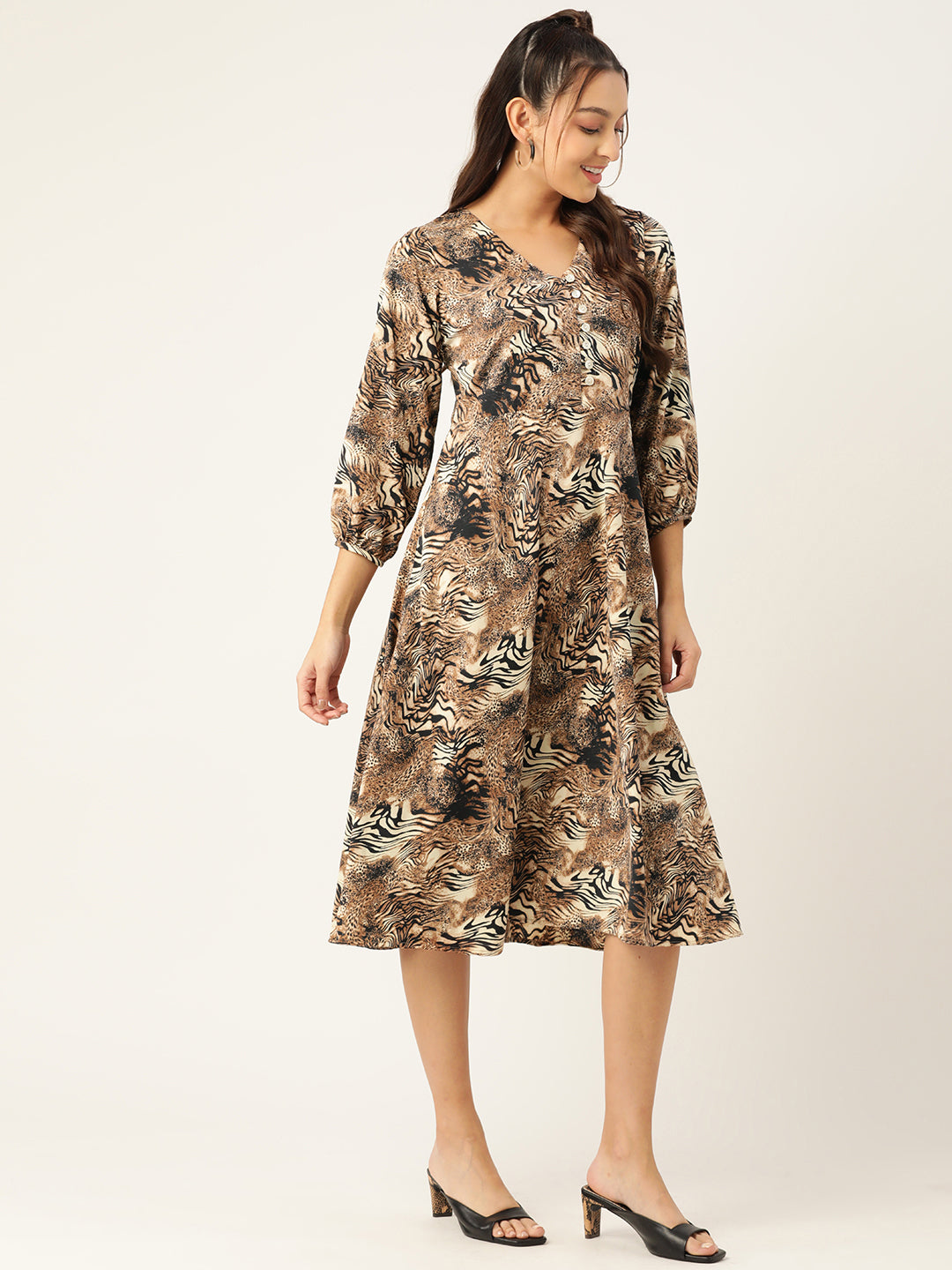 Women Animal Print Puff Sleeves Crepe Midi Dress