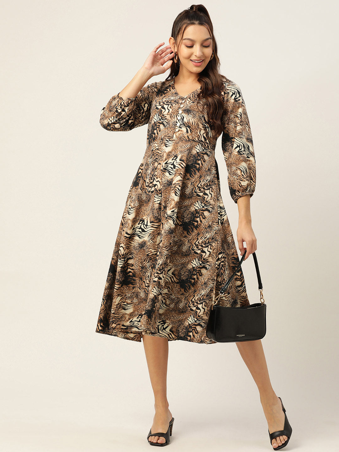 Women Animal Print Puff Sleeves Crepe Midi Dress