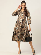 Women Animal Print Puff Sleeves Crepe Midi Dress