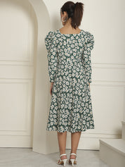 Women Floral Print Puff Sleeves Crepe Midi Dress