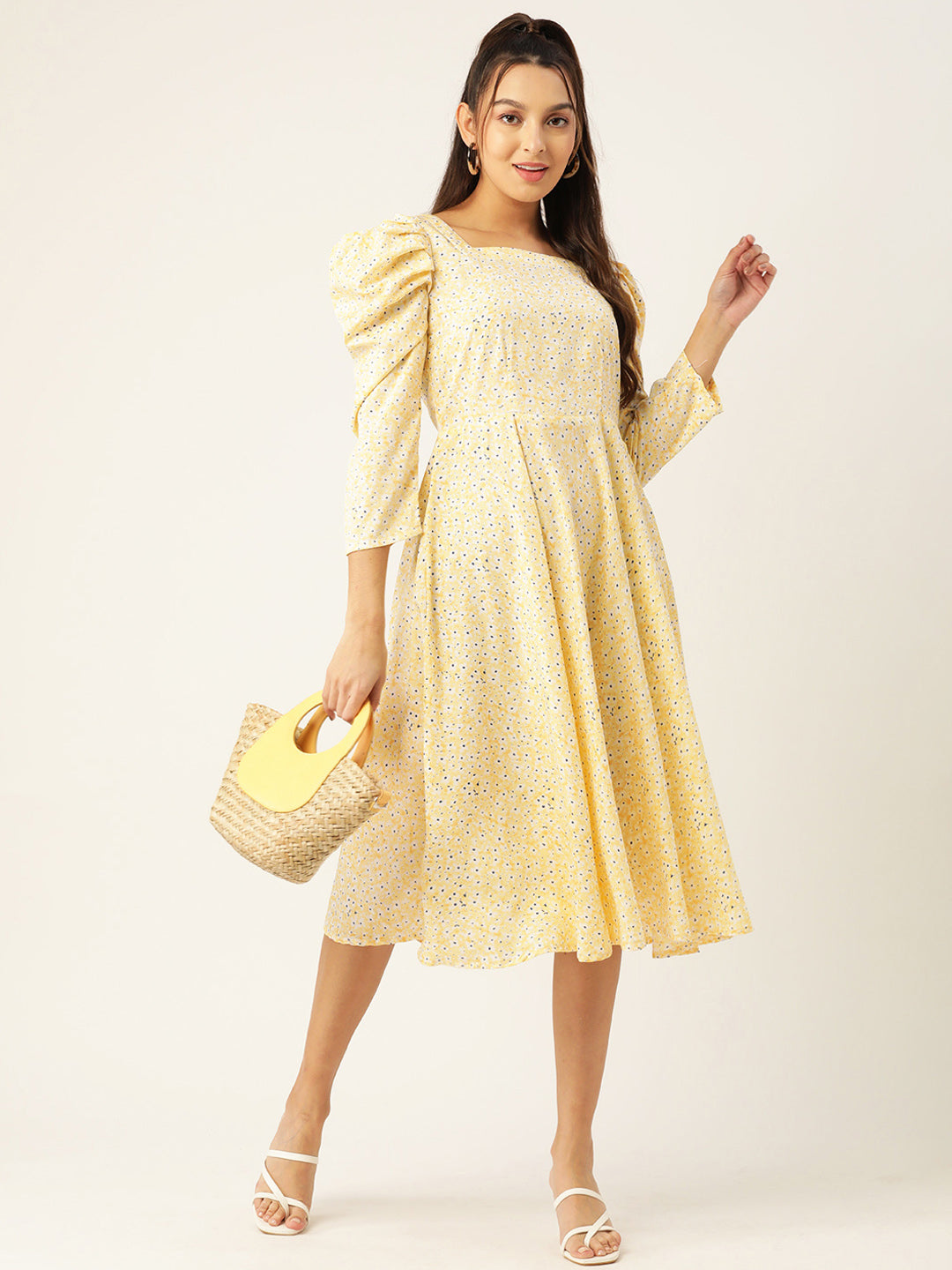 Women Floral Print Puff Sleeves Crepe Midi Dress