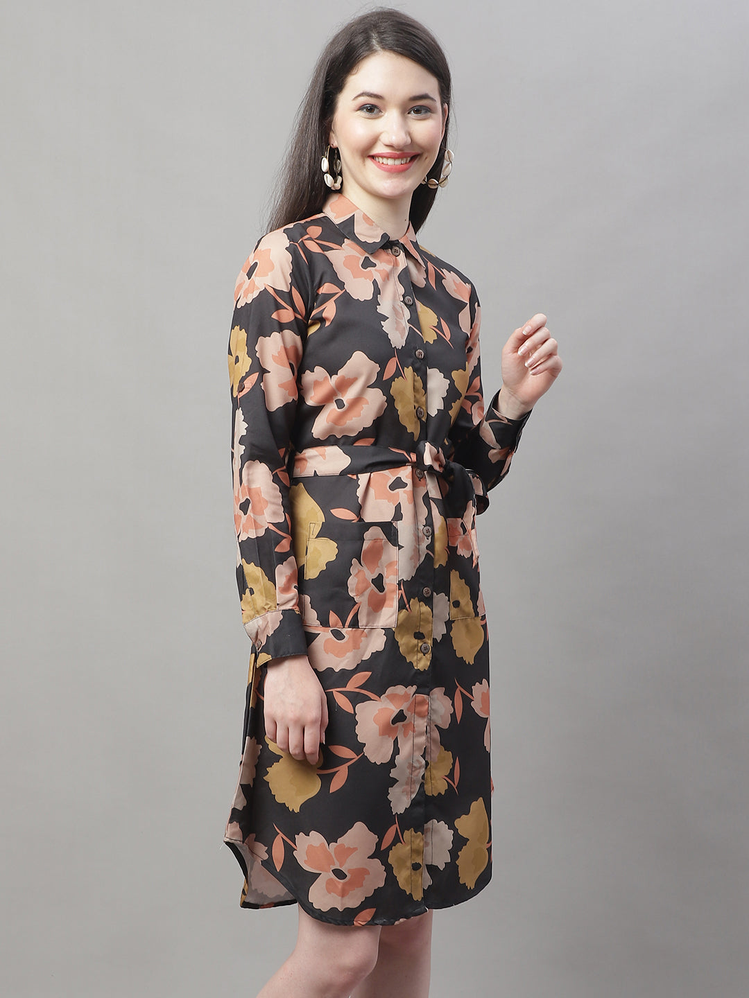 Women Black Printed A-Line Dresses With Belt